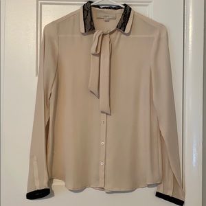 LOFT Cream Blouse with Black Lace Collar Overlay